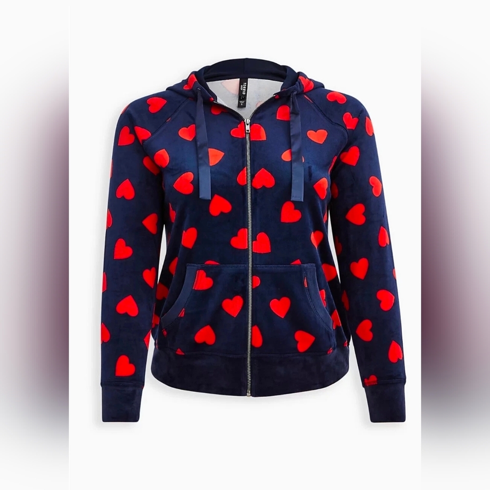 IN SEARCH OF - Torrid Zip Front Sleep Hoodie Velour Hearts Navy & Red in Size 3